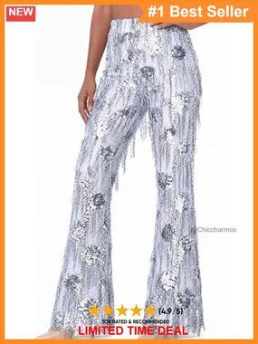 Sequin Flare Pants Fringe High Waisted Bell Bottom Disco Party Trousers